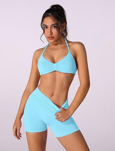 ABOCIW Womens Seamless Workout Sets 2 Piece Strappy Halter Sports Bra Scrunch Butt Shorts Gym Yoga Outfits thumbnail 5
