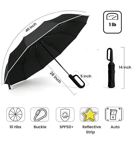 MRTLLOA Travel Essentials Ring Handle Umbrella, Windproof for SUN/UV and Rain with Reflective Stripe, Compact Folding Backpack Umbrella for Women Men, 10 Ribs thumbnail 3
