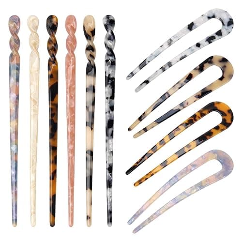 6+4P Acetate Hair Sticks Set, Coldairsoap 2 Styles Tortoise Shell Hair Pins U-Shaped Straight Chopsticks 10 Colors Vintage French Hair Forks for Women (Classic) - Image 1