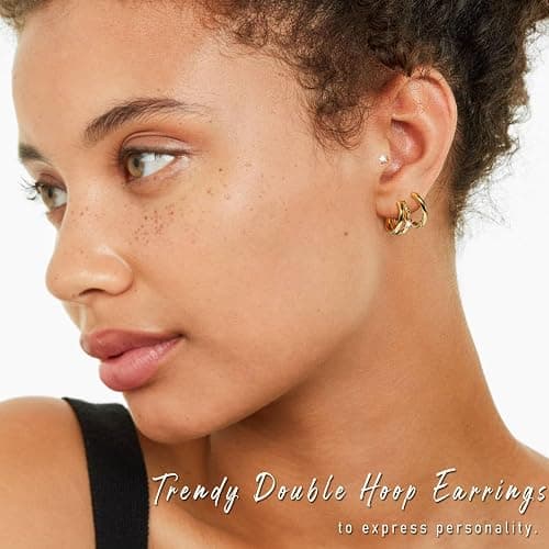 Gold Hoop Earrings Set for Women, 14K Gold Plated Small Double Hoop Earrings Set for Multiple Piercing, Dainty Huggie Earring for Women thumbnail 8