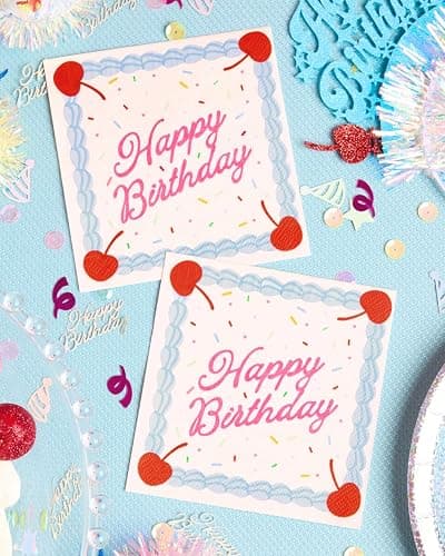 xo, Fetti Happy Birthday Napkins - 25 Paper Napkins | Birthday Decorations, Cake, Rainbow Sprinkles, Cherry, Icing, Party, Tablescape, Dessert thumbnail 4