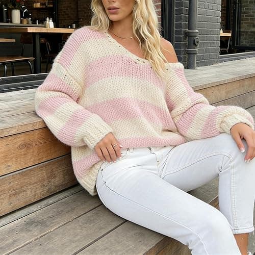 Women Y2K Striped Oversized Sweater Crewneck Long Sleeve Vintage Aesthetic Knit Pullover Tops Teens Cute Preppy Sweater thumbnail 5