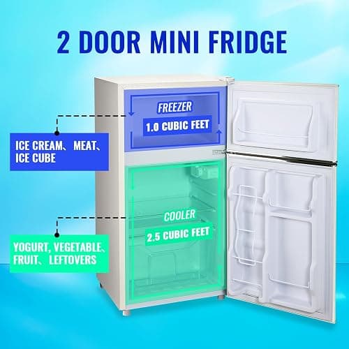 TACOOL Mini Refrigerator with Freezer Small Fridge Double Door Side Drink Holder Adjustable Glass Shelves, Plastic Crisper, 7 Level Temperature Control for Bedroom, Office, Apartment White thumbnail 3