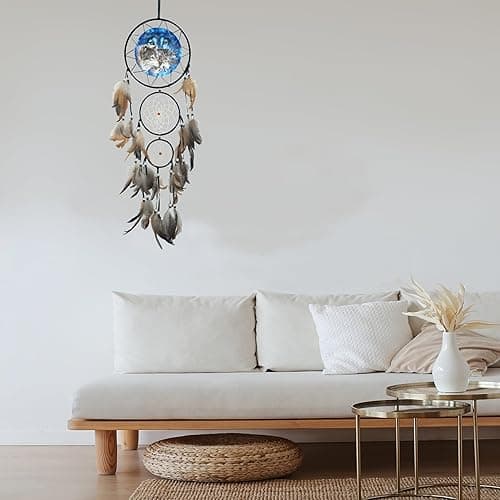 Remorelt Wolf Eagle Bear Dream Catcher Bedroom Wall Decor, Christmas Home Decoration, Room Accessory, White Moon Feather Decoration - Unique Home Craft Wall Pendant (DC07 8Inch 3D Wolf) thumbnail 8
