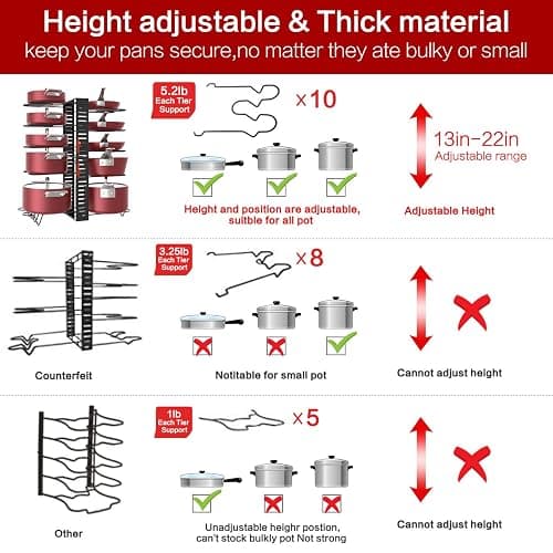 X-cosrack Pot Racks,10 Tier Adjustable Heights with Non-slip feet,6 DIY Methods,Expandable Kitchen Cabinet Pantry Pans and Pots Lid Organizer Rack Holder, Black thumbnail 6