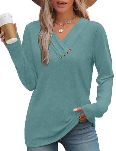 WIHOLL Long Sleeve Shirts for Women Fall Outfits V Neck T Shirts Button Down Tunic Tops Fashion Clothing thumbnail 3