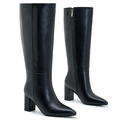 Aizhenzm Wide Calf Knee High Boots For Women Plus Size Side Zipper Leather Chunky Heel Boots Heeled Pointed Toe Tall thumbnail 7