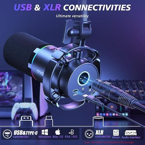 MAONO PD200XS XLR/USB Dynamic Microphone Kit, RGB Gaming Mic with Software | PC Mic with Mute, Gain Knob, Volume Control, Boom Arm for Streaming, Gaming, Podcasting, Voice-Over, Recording thumbnail 2
