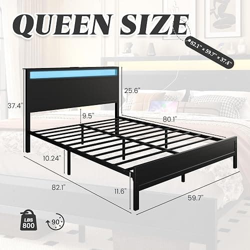Fluest Queen Bed Frame with Headboard & Footboard, Bed Frame with Built-in Charging Station & LED Light, Storage Shelf, Noise-Free, No Box Spring Needed, Easy Assembly, Classic Black thumbnail 2