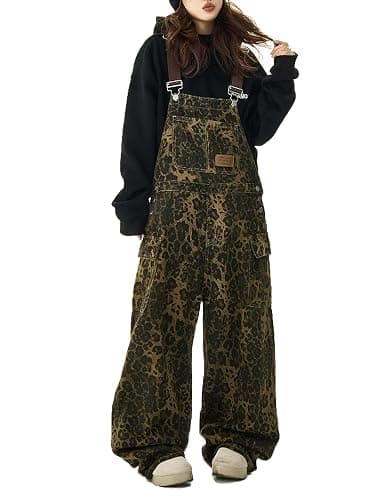 POOPMOOM Leopard Print Jeans Denim Jumpsuit Baggy Overalls For Women Y2k Romper Grung Pants Animal Print Pants - Image 1