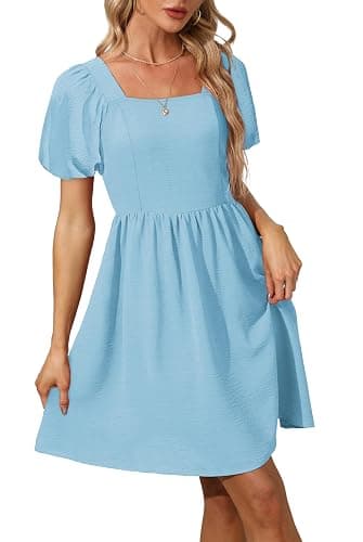 OFEEFAN Women Puff Sleeve Square Neck Tie in Back Dresses with Zipper thumbnail 3