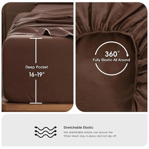 MooMee Bedding Sheet Set 100% Cotton Linen Like Textured Breathable Durable Soft Comfy (Solid Cocoa Brown, Queen) thumbnail 2