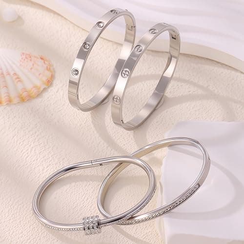 Camhanno Stainless Steel Bangle Bracelet Set for Women - Silver/Gold Love Bangle Non Tarnish Jewelry with Sparkling Crystal Inlay for Love Gifts thumbnail 6