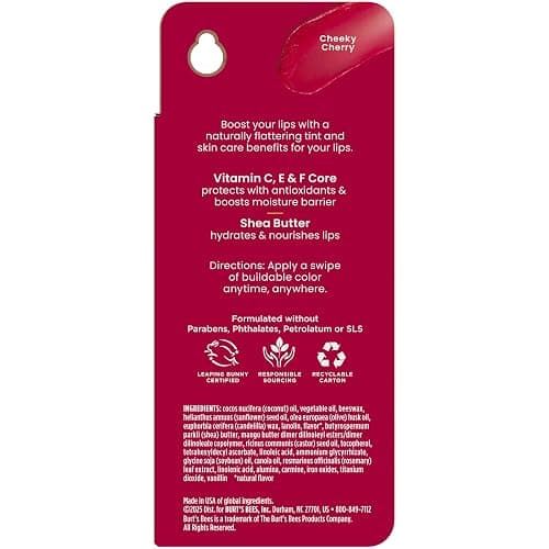 Burt’s Bees Tinted Boosted Balm, Cheeky Cherry, Hydrating Tinted Lip Balm with Vitamin C, E, and F Core, 24 Hour Lip Moisturizer with Responsibly Sourced Beeswax, 100% Natural Origin, 1 Count, 0.16oz thumbnail 15