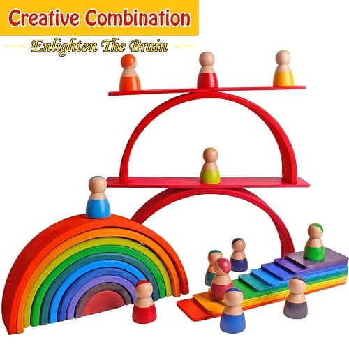 Dinhon 11 PCS Wooden Rainbow Board Oversized Stacking Game Jigsaw Puzzle Building Blocks Children's Baby Toddler Toys 3 Years Old Boys and Girls Toy Gifts thumbnail 6