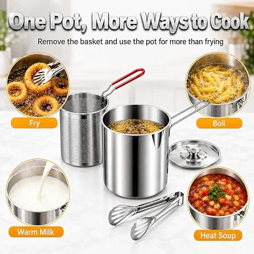 Mini Deep Fryer Pot with Basket, 1.2L Stainless Steel Fryer Set (5Pcs) | Lift-Out Strainer, Pour Spout, Lid, Tongs & Stove Rack for Fries, Chicken, Shrimp & More thumbnail 6