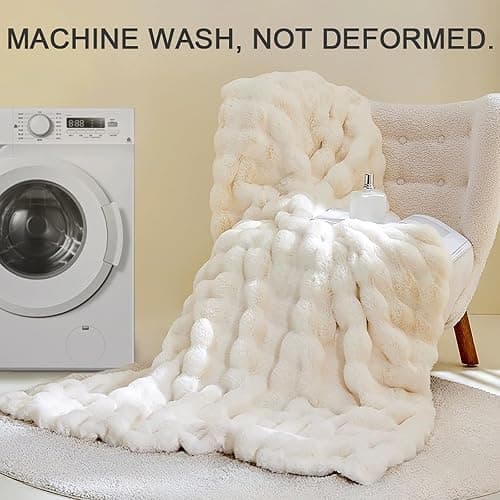 Faux Rabbit Fur Throw Blanket, Luxury Soft Warm Bubble Blanket for Bed, Couch, Sofa, Beige, 50" X 60" thumbnail 6
