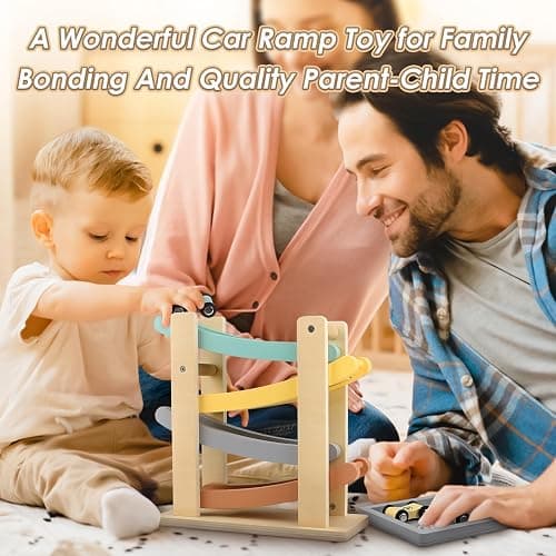 Wooden Car Ramp Toy for 1-2 Year Old Boys & Girls - Click Clack Track with 4 Mini Cars & Toy Garage thumbnail 5