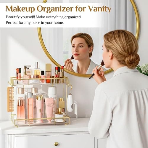 Megier Bathroom Organizer Countertop Perfume Organizer Makeup Organizer Cosmetics Storage Display Rack Vanity Tray Dresser Steel Gold Shelf Transparency Wavy Acrylic Tray (2 Tier Golden) thumbnail 5