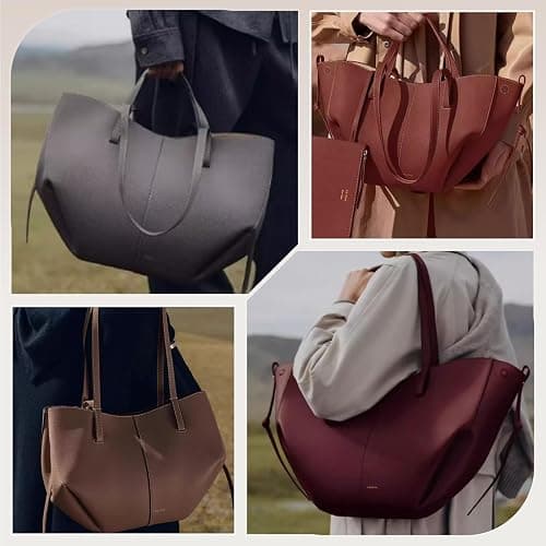 CORIOS Damen Handtasche Flügeltasche Cyme Rindsleder Schultertaschen Eimer Taschen Große Kapazität Tragetasche Elegant Tote Beutel Henkeltaschen 2pcs für Reise Arbeit Shopper Alltag Ebenholz L thumbnail 6