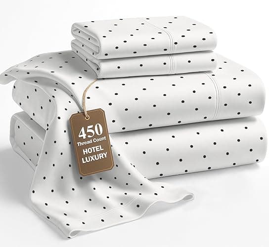 450 TC 100% Cotton Printed Polka Dot Queen Sheets, Soft Sateen Weave, Deep Pocket Queen Sheets for 15” Mattress, Mercerized Cotton Fully Elasticized Luxury Hotel Bedding, Polka Dot - Black - Image 1