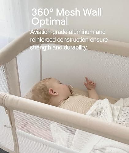 Fodoss Baby Bassinets Bedside Sleeper - All Mesh Bedside Bassinet with Wheels, 7 Height Adjustable Baby Bassinet for Infants, Beige thumbnail 3