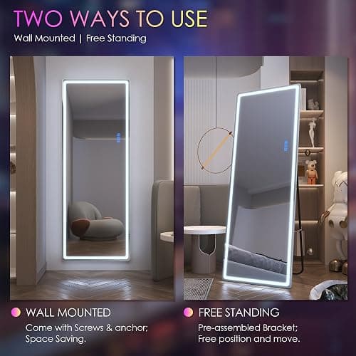LVSOMT 63 X 22 Full Length Mirror with Lights, RGB Large Wall Mirror Full Length, Standing Full Body Dressing Mirror Wall Mounted Mirrors for Bedroom Living Room Cloakroom, White thumbnail 6