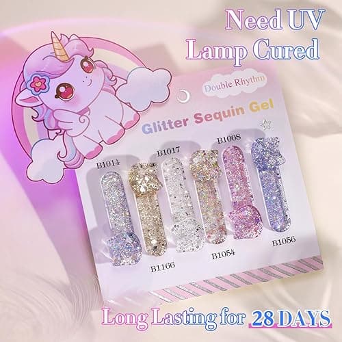 Double Rhythm 0.5 Oz Glitter Gel Polish Set of 6 Color with Display Board 15 ml Full Size Kit Shimmer Reflective Sparkle Soak Off Manicure Salon DIY at Home (Gold Blue Silver Purple Pink-T6-37) thumbnail 6