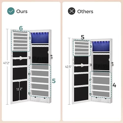 SONGMICS 6 LEDs Mirror Jewelry Cabinet, 47.2-Inch Tall Lockable Wall or Door Mounted Jewelry Armoire Organizer with Mirror, 2 Drawers, Christmas Gift, 3.9 x 14.6 x 47.2 Inches, White thumbnail 7