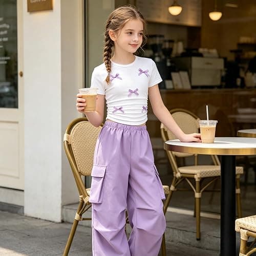 Zylvae Girls 2 Piece Clothes Cute Bow Decoration T-Shirt Top + Cargo Pants Teen Girl 2pcs Outfit Set, Size 8-13 Years thumbnail 7