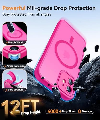 CANSHN Magnetic Compatible with iPhone 12 Case, Upgraded [Full Camera Protection] [Compatible with Magsafe] [Translucent Matte] Shockproof Protective Phone Case Cover 6.1 Inch - Hot Pink thumbnail 6