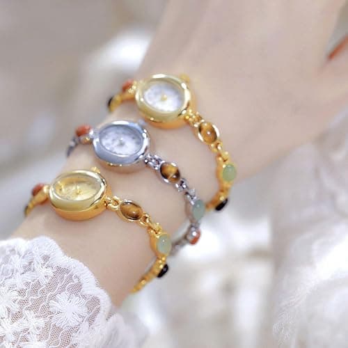 CARLIEN Womens Gold Petite Vintage Colorful Jade Crystals Beaded Waterproof Watch Small Pearl Oval Dial Arabic Numerals Fashion Bracelet Wrist Watch thumbnail 5
