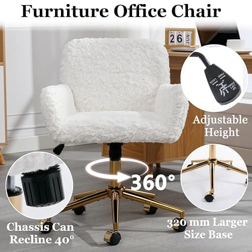 Thctvous Beige Vantiy Desk Chair Comfy, Sherpa Makeup Vanty Chair with Back and Rolling Wheels for Bedroom Home Office,Adjustable High Gold Feet,Artificial Rabbit Hair (Beige) thumbnail 5