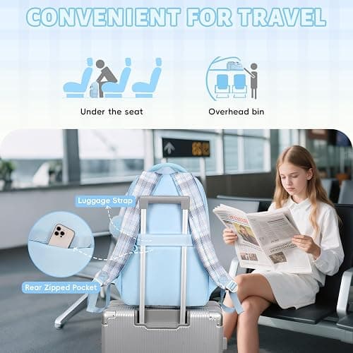 Tanou School Bag Girl Kids Backpack, Water-resistant Bookbag Teenager Daypack, Kawaii Checked Satchel for Girls 9-16 Years with Trolley Strap thumbnail 5