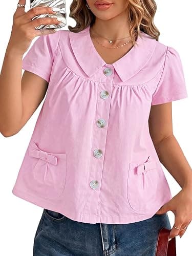 Tankaneo Womens Peter Pan Collar Button Down Shirts Short Sleeve Summer Casual Babydoll Blouse Cute Trendy Cotton Preppy Tops - Image 1