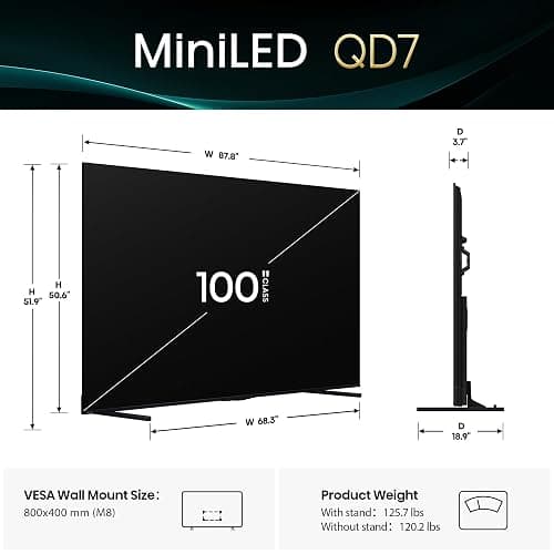 Hisense 100QD7QFM - 100" 4K Smart Mini-LED Fire TV (2025 Model), QLED Color, 144Hz Game Mode PRO, Dolby Vision, Dolby Atmos, AI Smooth Motion with MEMC, Alexa Built in with Voice Remote thumbnail 2