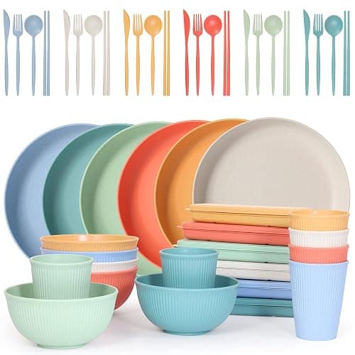Becutlery Wheat Straw Dinnerware Sets, Unbreakable Dinnerware Set for 6,Reusable Lightweight Tableware Dinner Dishes, Bowls, Cups, tableware, 24pcs Dinnerware Microwave & Dishwasher & Kids Safe - Image 1
