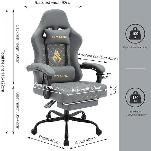 Symino Gaming Chair with Footrest, Computer Ergonomic Video Game Chair, Adjustable Swivel Task Chair with Lumbar Support, PC Chairs, PU Leather Game Chairs for Adults, Grey thumbnail 3