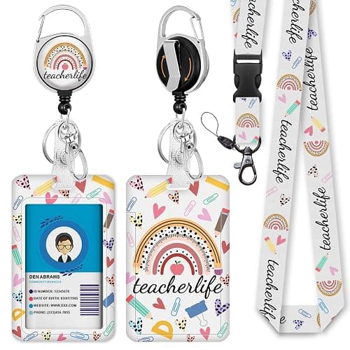 Giancomics Teacher Lanyards for Id Badges, ID Badge Holder with Lanyard Badge Reel Retractable, Rainbow Cute Lanyard with ID Holder Keychain Clip Name Tag ID Card Holder for Women Men Work Office - Image 1