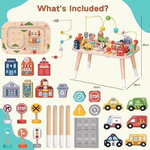 Wooden Montessori Activity Table for Toddlers, Baby Busy Table with Bead Maze, Shape Sorter, Cars & Road Signs, Traffic Learning Activity Center Sensory Toys for Birthday Gift Boys Girls 1+ Year Old thumbnail 2