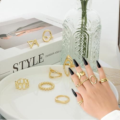 Bgfhna 9 Pcs Gold Chunky Rings thumbnail 3