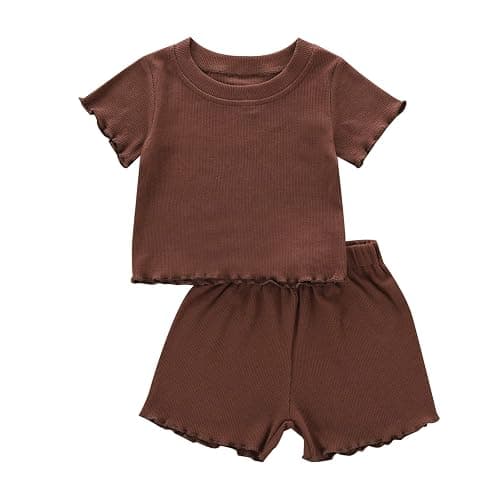 Dimoybabe Toddler Baby Girl Summer Clothes Ribbed Knit Cotton Cute Summer Outfits Short Sleeves 2 Pieces Shorts Set 12M - 5T - Image 1