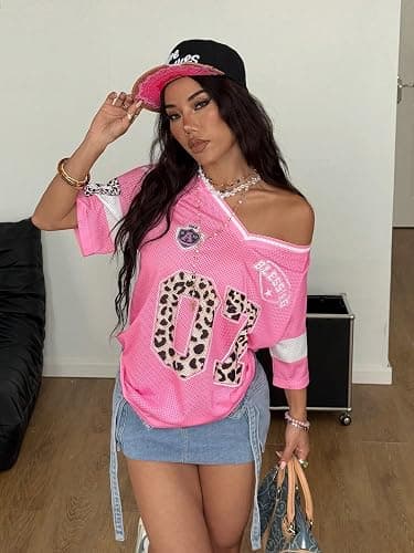 SOLY HUX Women's Y2k Leopard Number Graphic Oversized Tops Football Jersey Shirts Streetwear thumbnail 4