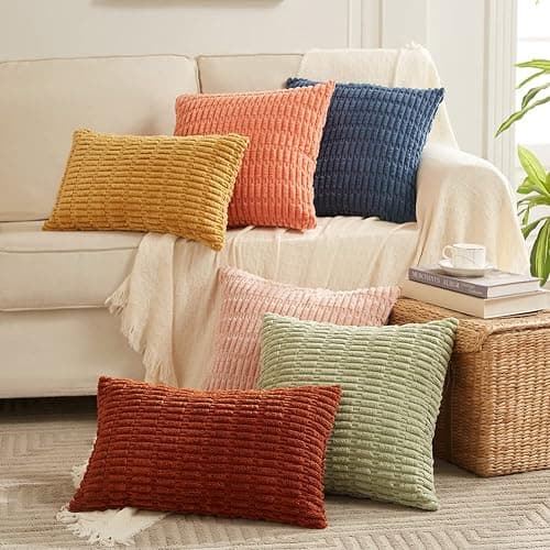 Fancy Homi 2 Packs Boho Decorative Throw Pillow Covers 18x18 Inch for Living Room Couch Bed Sofa, Rustic Modern Farmhouse Home Decor, Soft Corduroy Cream Square Cushion Case 45x45 cm thumbnail 7