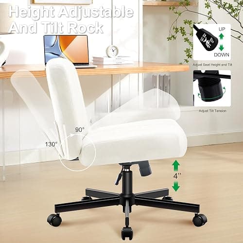 TUKAKA Criss Cross Chair with Wheels,Thick Padded Fabric Cross Legged Office Desk Chair with Pocket Spring Cushion,Dual-Purpose Base,Wide Adjustable Computer Home Office Vanity Chair,Cream White thumbnail 8