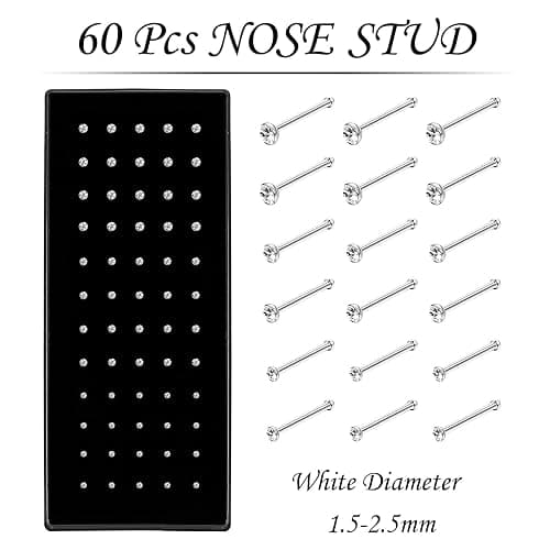 OMAIGAR Nose Rings Studs, 60pcs Straight or L-Shaped or Screw Nose Studs for Women Men, Surgical Stainless Steel Hypoallergenic Nose Piercing Jewelry 1.5/2/2.5mm Size Rhinestone and Ideal Gift thumbnail 2