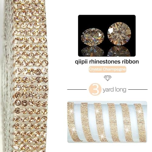 qiipii 3 Yards Champagne Golden Self Adhesive Rhinestones Strips K9 Glass Diamond Crystal Bling Glitter Rhinestone Ribbon Sticker Bling Wrap Roll for Crafts DIY Arts Crafting Car Phone Cake Shoe Decor thumbnail 3