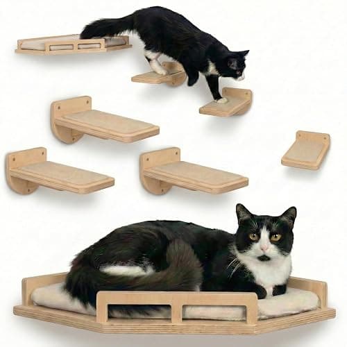 INICIO Cat Wall Shelves - Safe and Sturdy Cat Wall Furniture - Stylish Natural Wood Corner Shelf with 3 Steps for Cats up to 15lbs - Cushioned Perch and Stairs for Climbing and Playing - Image 1