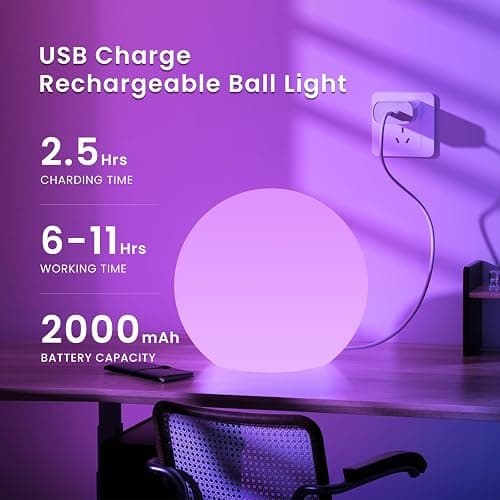 LOFTEK Pool LED Light Ball - 12-inch Sphere Lamp Rechargeable - 16 RGB Cool Lamp for Bedroom Ambient Lighting - Smart Night Light for Baby Nursery - Waterproof Light for Yard & Pool Decor, 1PCS thumbnail 6