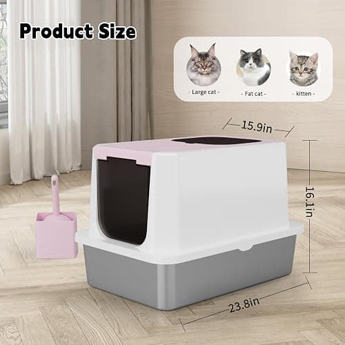 RIZZARI Enclosed Cat Litter Box: Pink Stainless Steel Odorless Litter Box with Top Holes - Anti Leakage - Large Litter Pan for Small to Large Sized Cats in Living Room Garage thumbnail 2